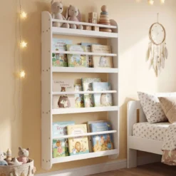Bücherregal Kinder Wandregal mit 4 Ablagen Platzsparendes Hängeregal für Bücher und Spielzeug Weiß/Rosa