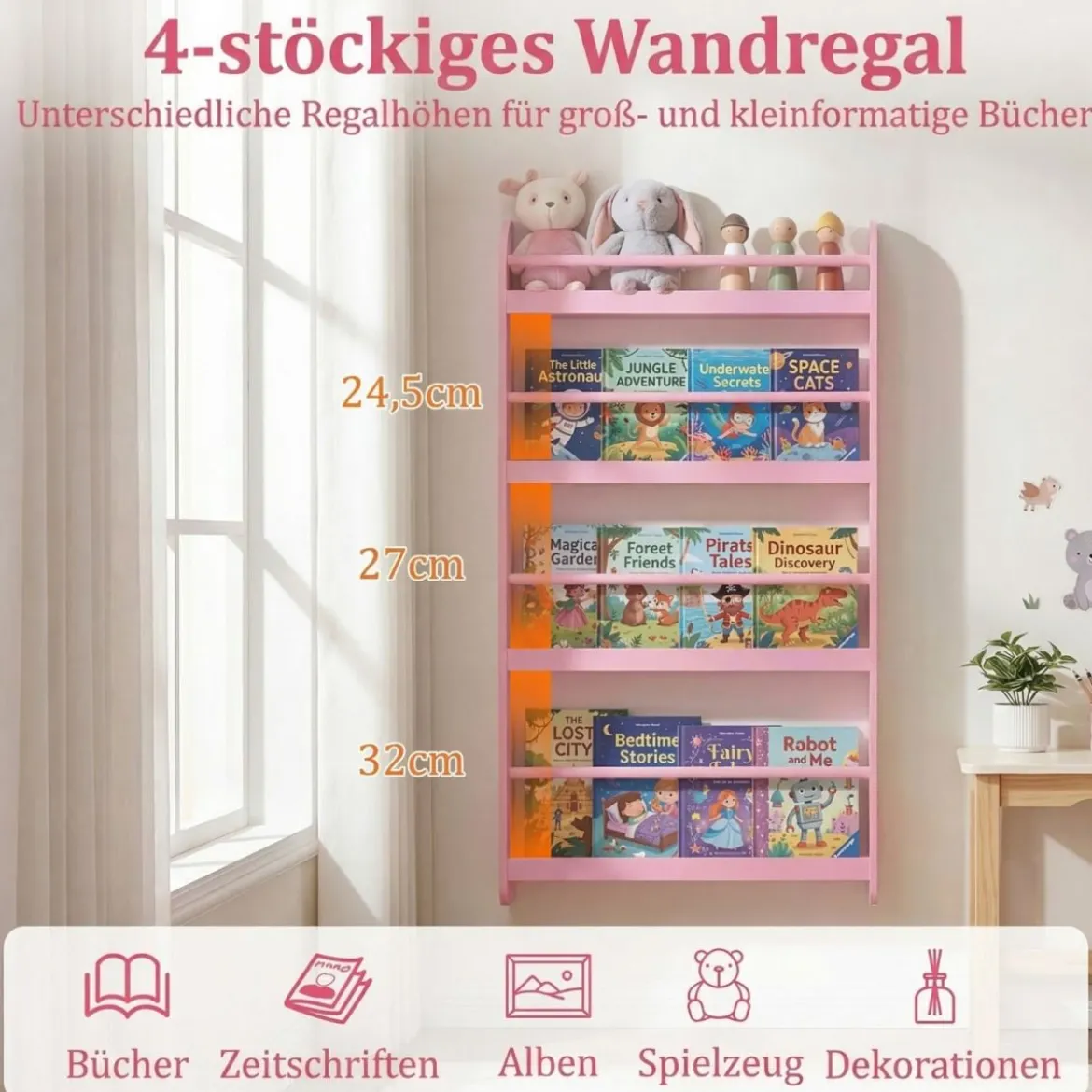 Bücherregal Kinder Wandregal mit 4 Ablagen Platzsparendes Hängeregal für Bücher und Spielzeug Weiß/Rosa