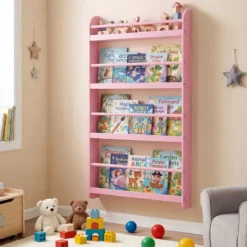 Bücherregal Kinder Wandregal mit 4 Ablagen Platzsparendes Hängeregal für Bücher und Spielzeug Weiß/Rosa