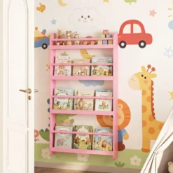 Bücherregal Kinder Wandregal mit 4 Ablagen Platzsparendes Hängeregal für Bücher und Spielzeug Weiß/Rosa