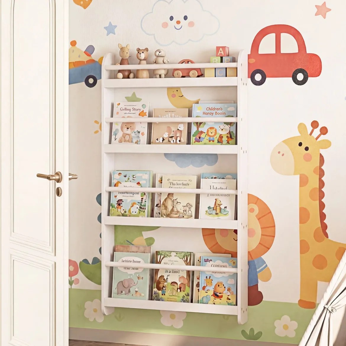 Bücherregal Kinder Wandregal mit 4 Ablagen Platzsparendes Hängeregal für Bücher und Spielzeug Weiß/Rosa