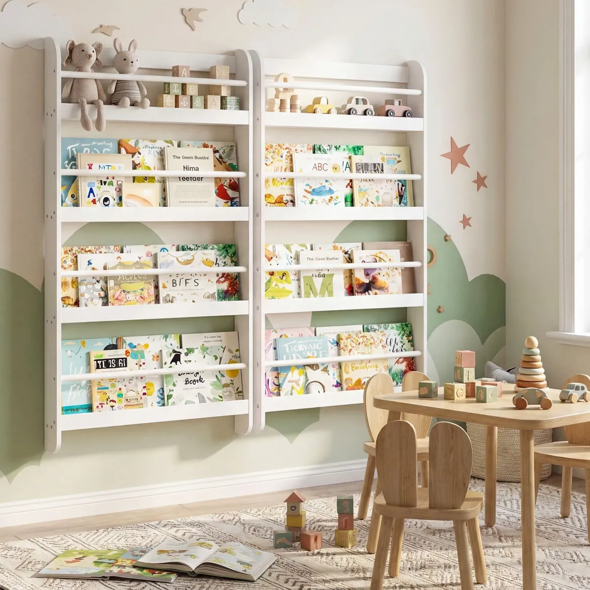 Bücherregal Kinder Wandregal mit 4 Ablagen Platzsparendes Hängeregal für Bücher und Spielzeug Weiß/Rosa