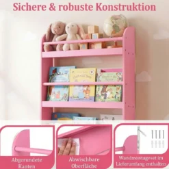 Bücherregal Kinder Wandregal mit 4 Ablagen Platzsparendes Hängeregal für Bücher und Spielzeug Weiß/Rosa
