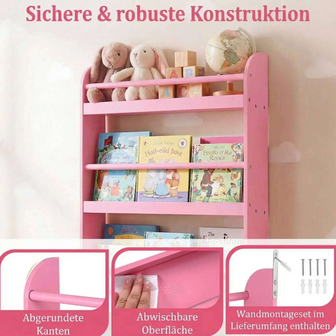 Bücherregal Kinder Wandregal mit 4 Ablagen Platzsparendes Hängeregal für Bücher und Spielzeug Weiß/Rosa