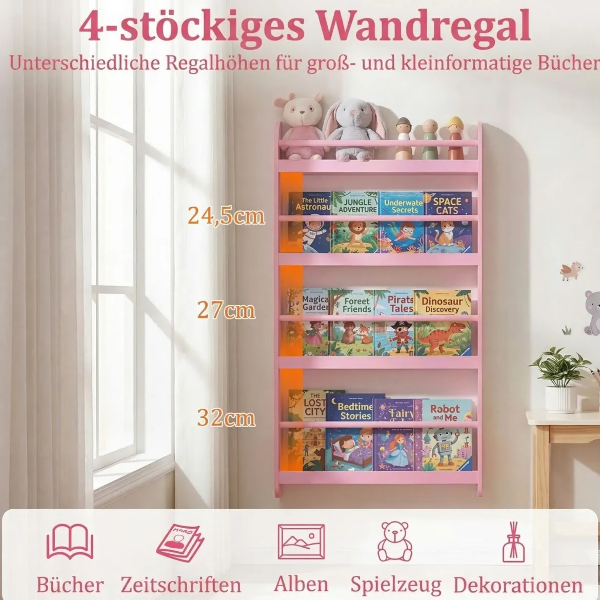 Bücherregal Kinder Wandregal mit 4 Ablagen Platzsparendes Hängeregal für Bücher und Spielzeug Weiß/Rosa