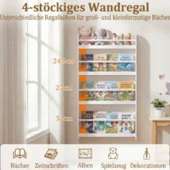 Bücherregal Kinder Wandregal mit 4 Ablagen Platzsparendes Hängeregal für Bücher und Spielzeug Weiß/Rosa