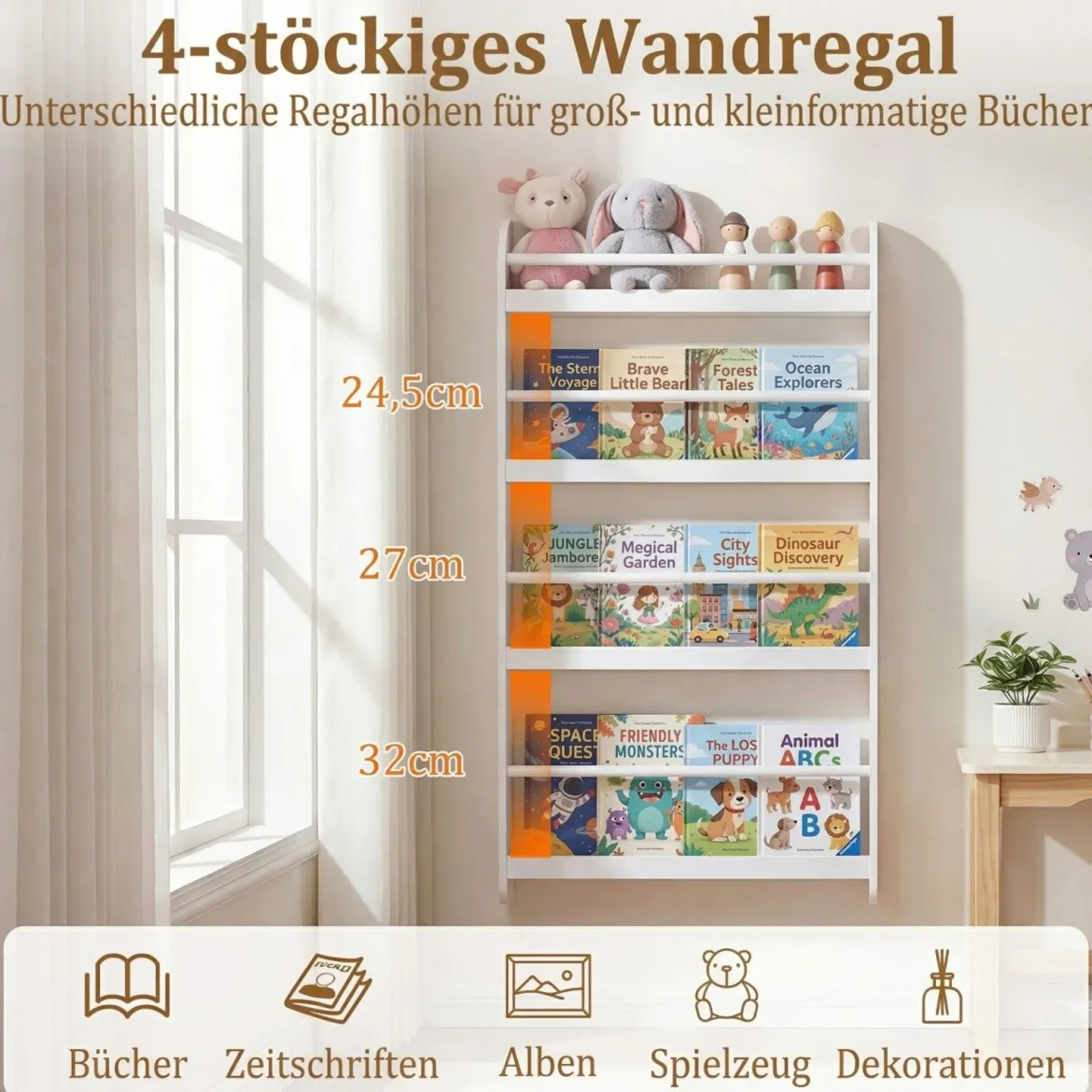 Bücherregal Kinder Wandregal mit 4 Ablagen Platzsparendes Hängeregal für Bücher und Spielzeug Weiß/Rosa
