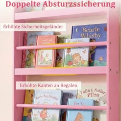 Bücherregal Kinder Wandregal mit 4 Ablagen Platzsparendes Hängeregal für Bücher und Spielzeug Weiß/Rosa