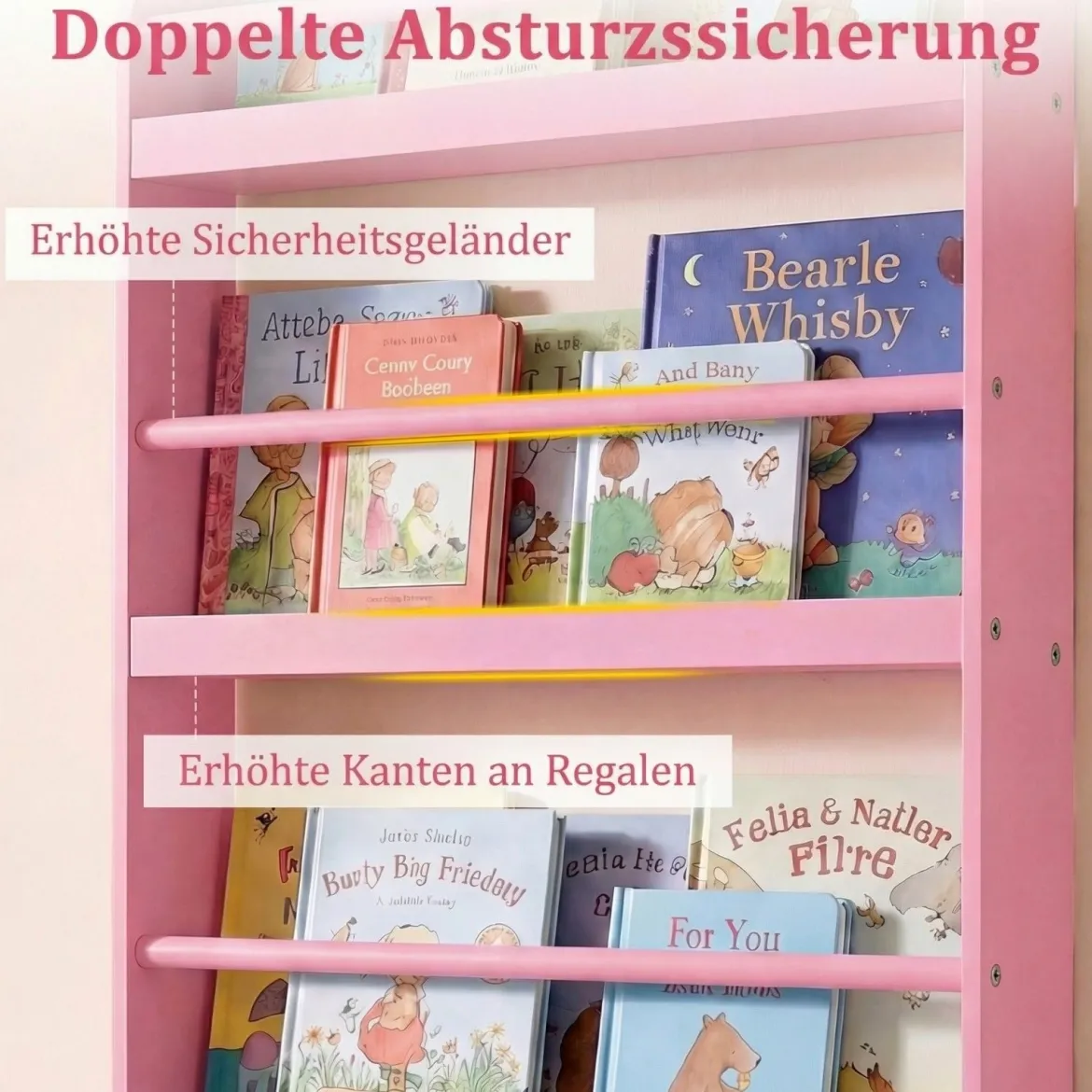 Bücherregal Kinder Wandregal mit 4 Ablagen Platzsparendes Hängeregal für Bücher und Spielzeug Weiß/Rosa