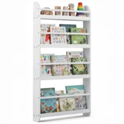 Bücherregal Kinder Wandregal mit 4 Ablagen Platzsparendes Hängeregal für Bücher und Spielzeug Weiß/Rosa