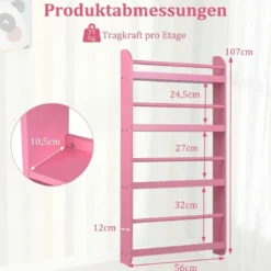 Bücherregal Kinder Wandregal mit 4 Ablagen Platzsparendes Hängeregal für Bücher und Spielzeug Weiß/Rosa