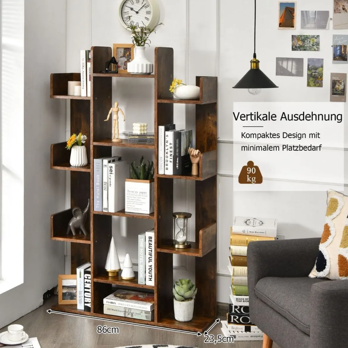 Bücherregal mit 13 Ablagen Standregal Ecke Büroregal freistehend Aktenregal 86 x 23,5 x 140,5 cm Rustikales Braun