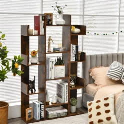 Bücherregal mit 13 Ablagen Standregal Ecke Büroregal freistehend Aktenregal 86 x 23,5 x 140,5 cm Rustikales Braun