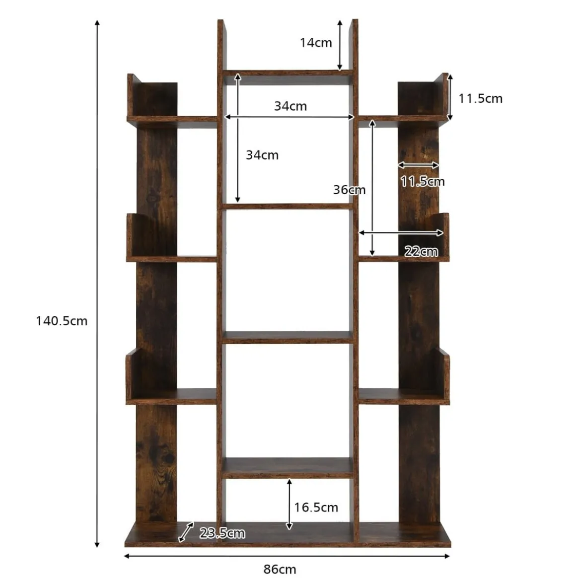 Bücherregal mit 13 Ablagen Standregal Ecke Büroregal freistehend Aktenregal 86 x 23,5 x 140,5 cm Rustikales Braun