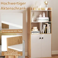 Bücherregal mit Doppeltürschrank 3-stöckiges Standregal mit Offenen Fächern 60 x 30 x 133 cm