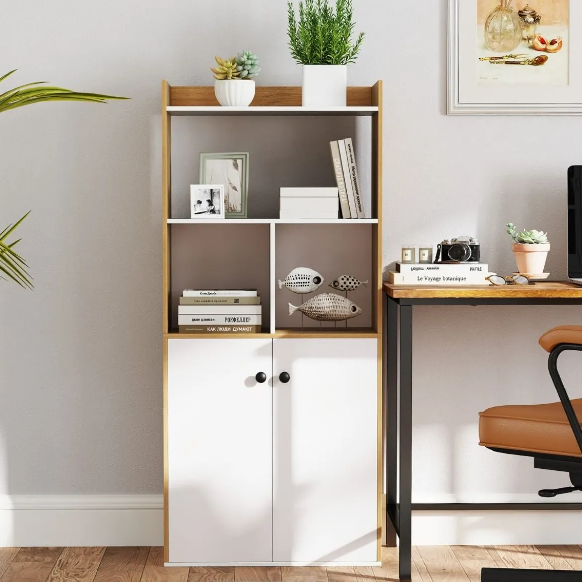 Bücherregal mit Doppeltürschrank 3-stöckiges Standregal mit Offenen Fächern 60 x 30 x 133 cm