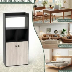 Bücherregal mit Doppeltürschrank 3-stöckiges Standregal mit Offenen Fächern Schwarz