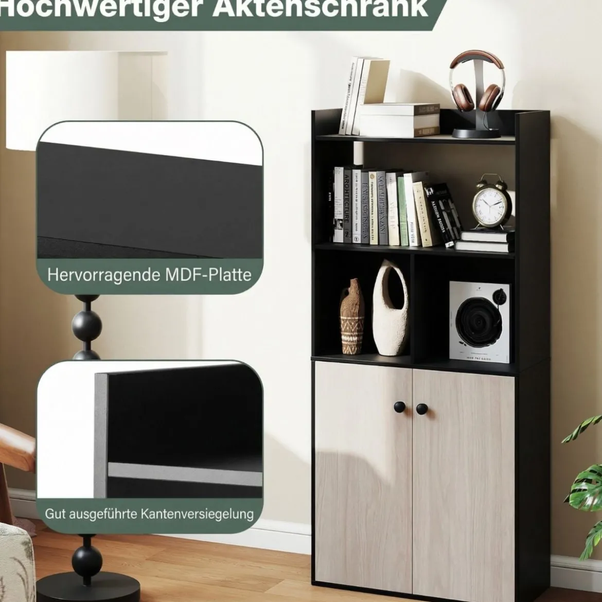 Bücherregal mit Doppeltürschrank 3-stöckiges Standregal mit Offenen Fächern Schwarz