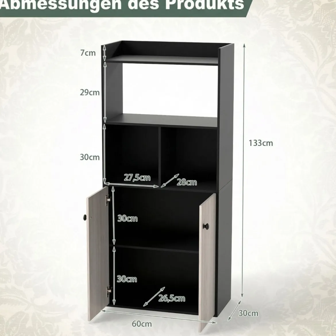Bücherregal mit Doppeltürschrank 3-stöckiges Standregal mit Offenen Fächern Schwarz