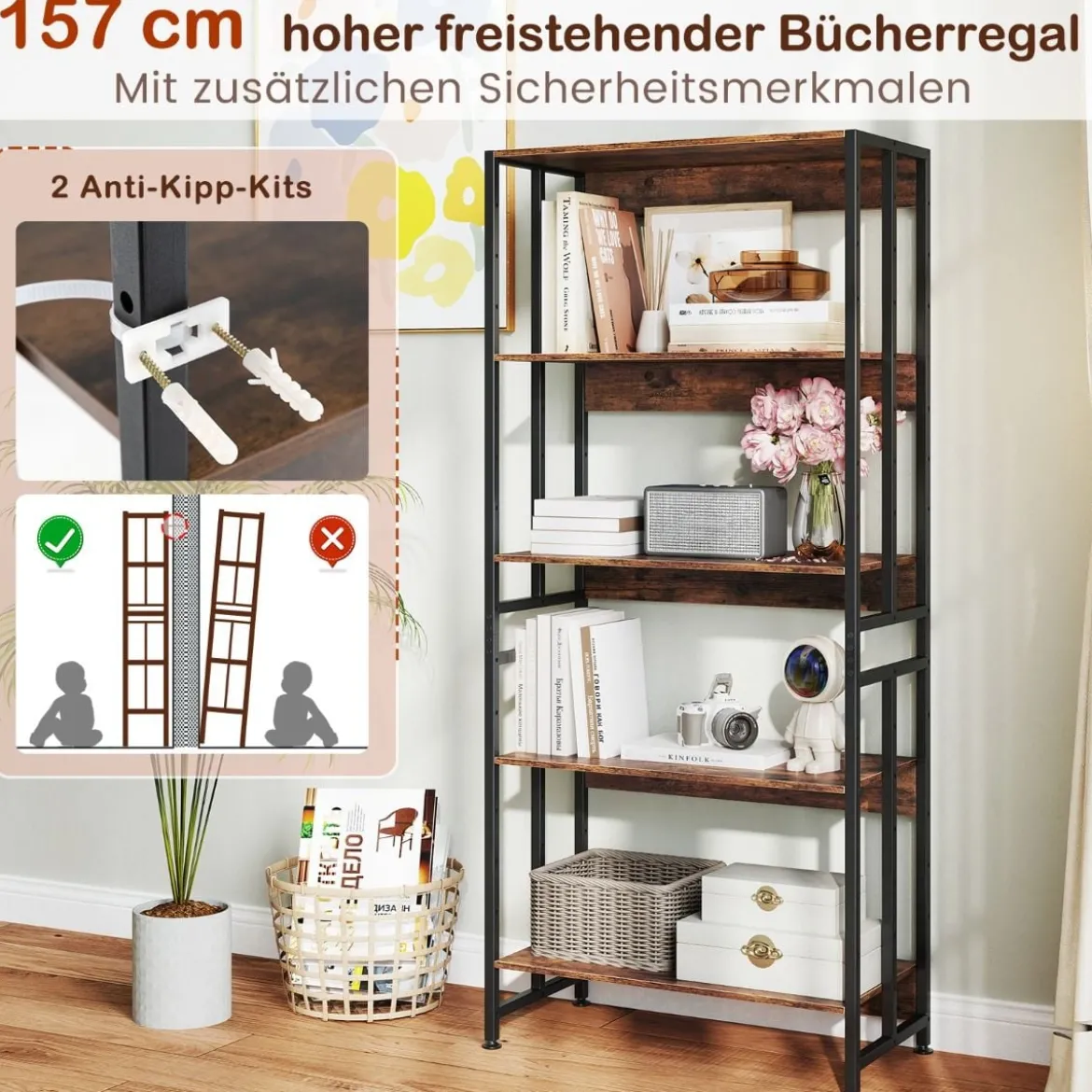Bücherregal mit 5 Ebenen im Industriellen Stil Lagerregale Etagerenregal Standregal Braun