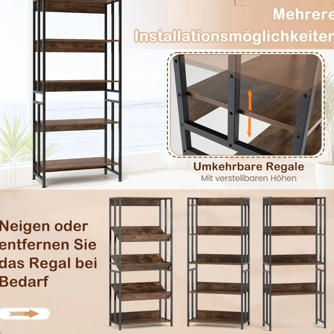 Bücherregal mit 5 Ebenen im Industriellen Stil Lagerregale Etagerenregal Standregal Braun