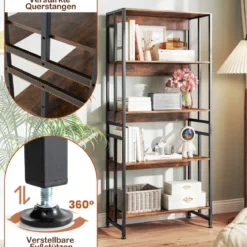 Bücherregal mit 5 Ebenen im Industriellen Stil Lagerregale Etagerenregal Standregal Braun