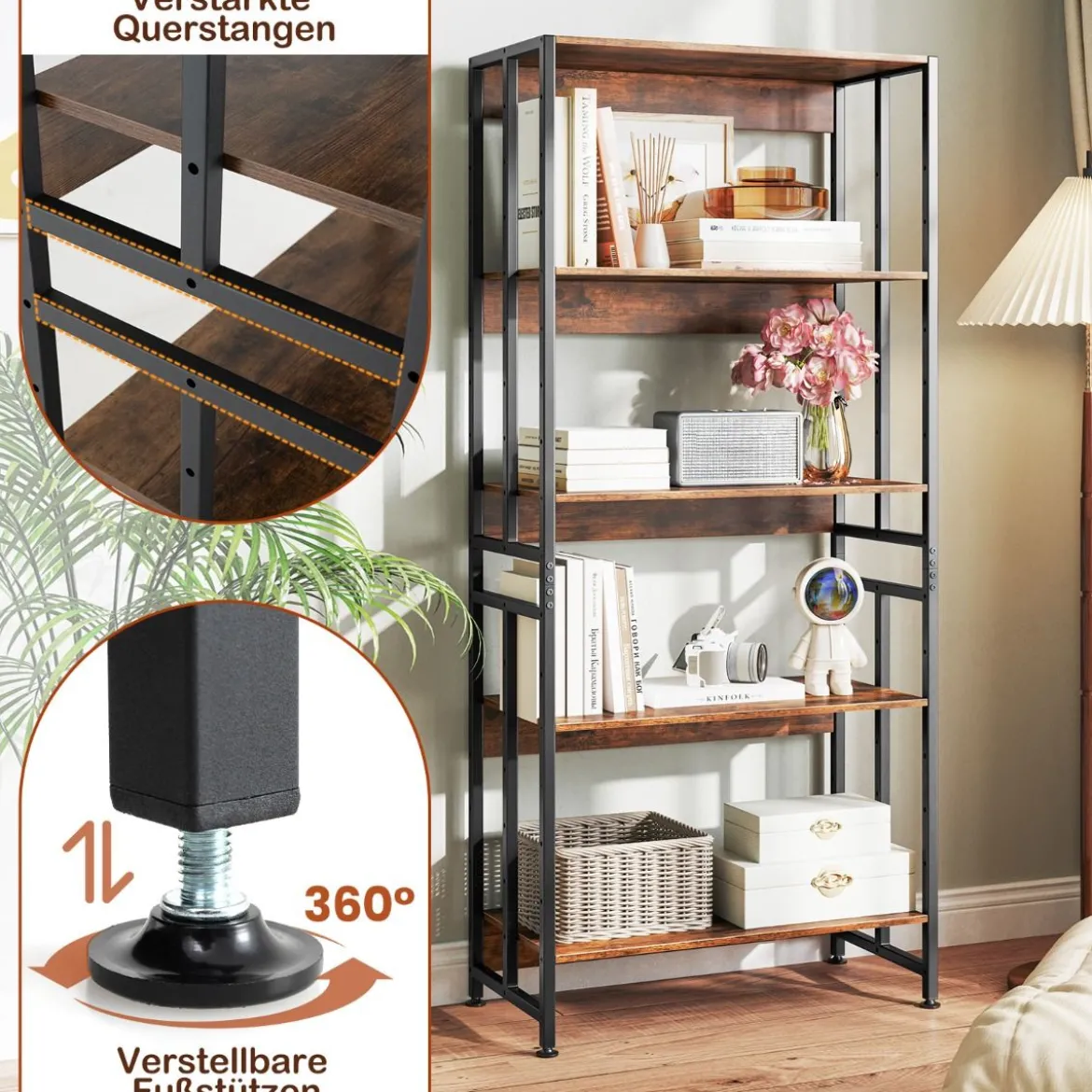 Bücherregal mit 5 Ebenen im Industriellen Stil Lagerregale Etagerenregal Standregal Braun