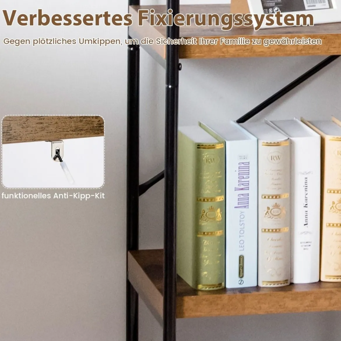 Bücherregal mit 5 Ebenen & Metallrahmen & Industrie-Design Standregal Büroregal Braun