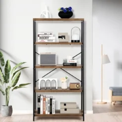 Bücherregal mit 5 Ebenen & Metallrahmen & Industrie-Design Standregal Büroregal Braun