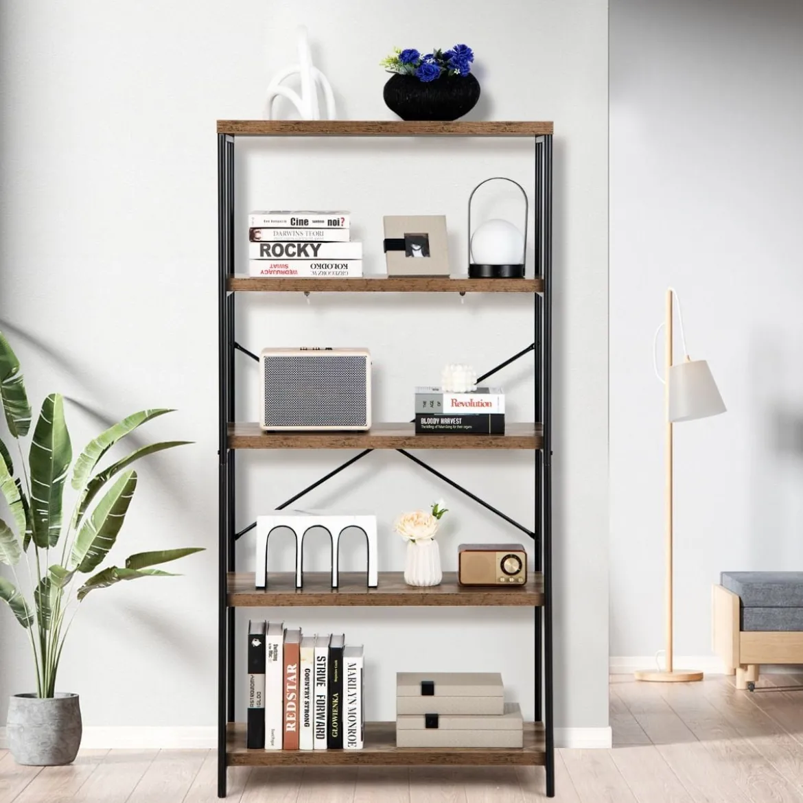 Bücherregal mit 5 Ebenen & Metallrahmen & Industrie-Design Standregal Büroregal Braun