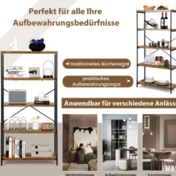 Bücherregal mit 5 Ebenen & Metallrahmen & Industrie-Design Standregal Büroregal Braun