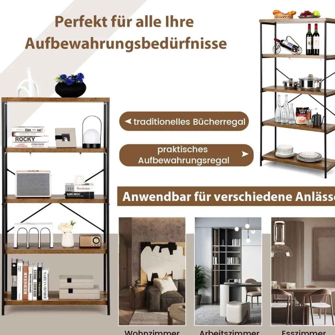 Bücherregal mit 5 Ebenen & Metallrahmen & Industrie-Design Standregal Büroregal Braun