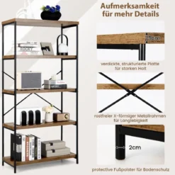Bücherregal mit 5 Ebenen & Metallrahmen & Industrie-Design Standregal Büroregal Braun