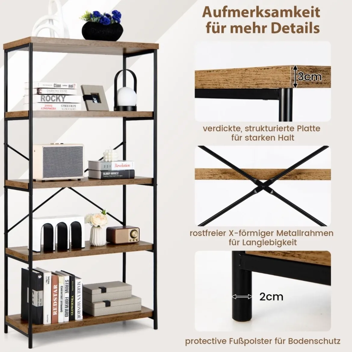 Bücherregal mit 5 Ebenen & Metallrahmen & Industrie-Design Standregal Büroregal Braun
