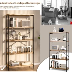 Bücherregal mit 5 Ebenen & Metallrahmen & Industrie-Design Standregal Büroregal Braun