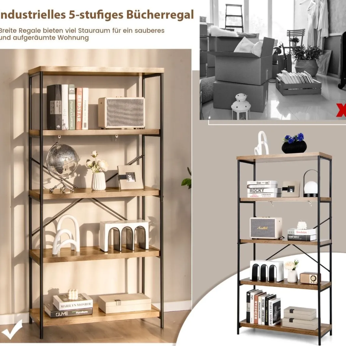 Bücherregal mit 5 Ebenen & Metallrahmen & Industrie-Design Standregal Büroregal Braun