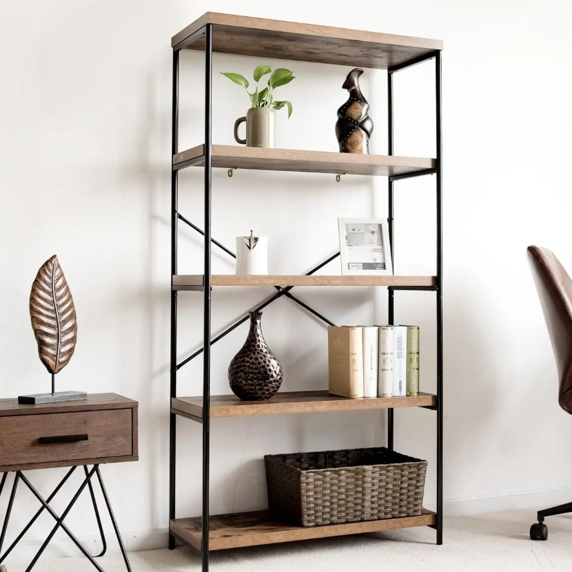 Bücherregal mit 5 Ebenen & Metallrahmen & Industrie-Design Standregal Büroregal Braun