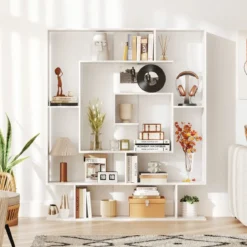 Bücherregal mit 7 Ebenen Raumteiler Regal Geometrisches Standregal Büroregal Ablageregal