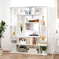 Bücherregal mit 7 Ebenen Raumteiler Regal Geometrisches Standregal Büroregal Ablageregal