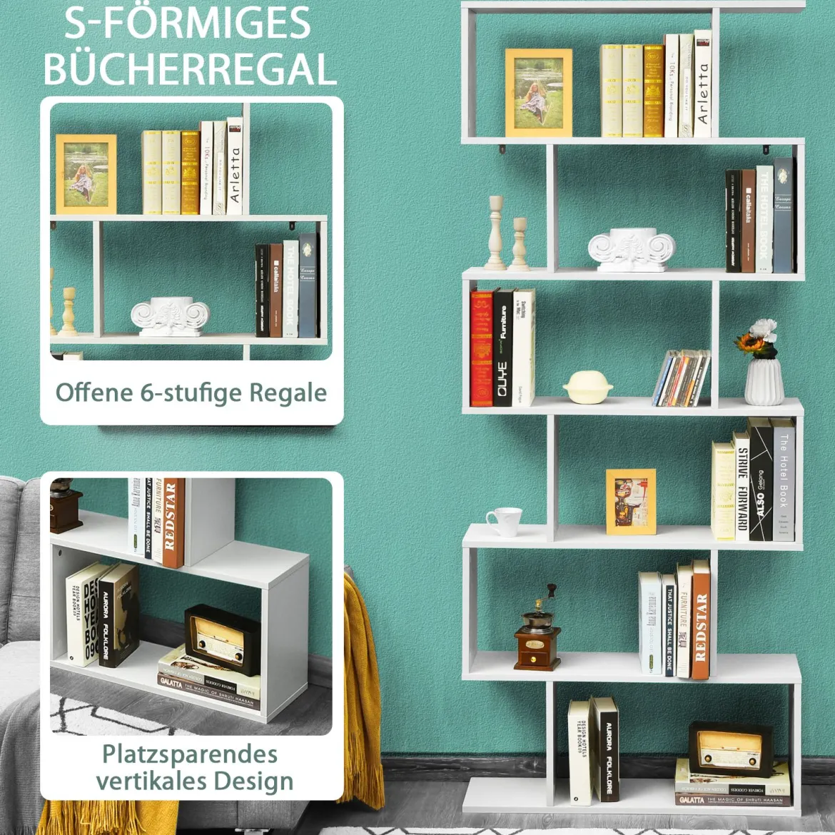 Bücherregal mit 6 Ebenen S-Form Standregal Freistehender Raumteiler Büroregal 80 x 23 x 192 cm