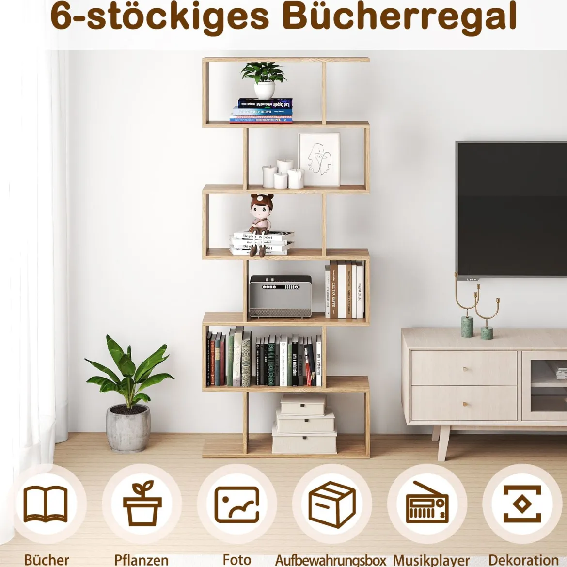 Bücherregal mit 6 Ebenen S-Form Standregal Freistehender Raumteiler Büroregal 80 x 23 x 192 cm