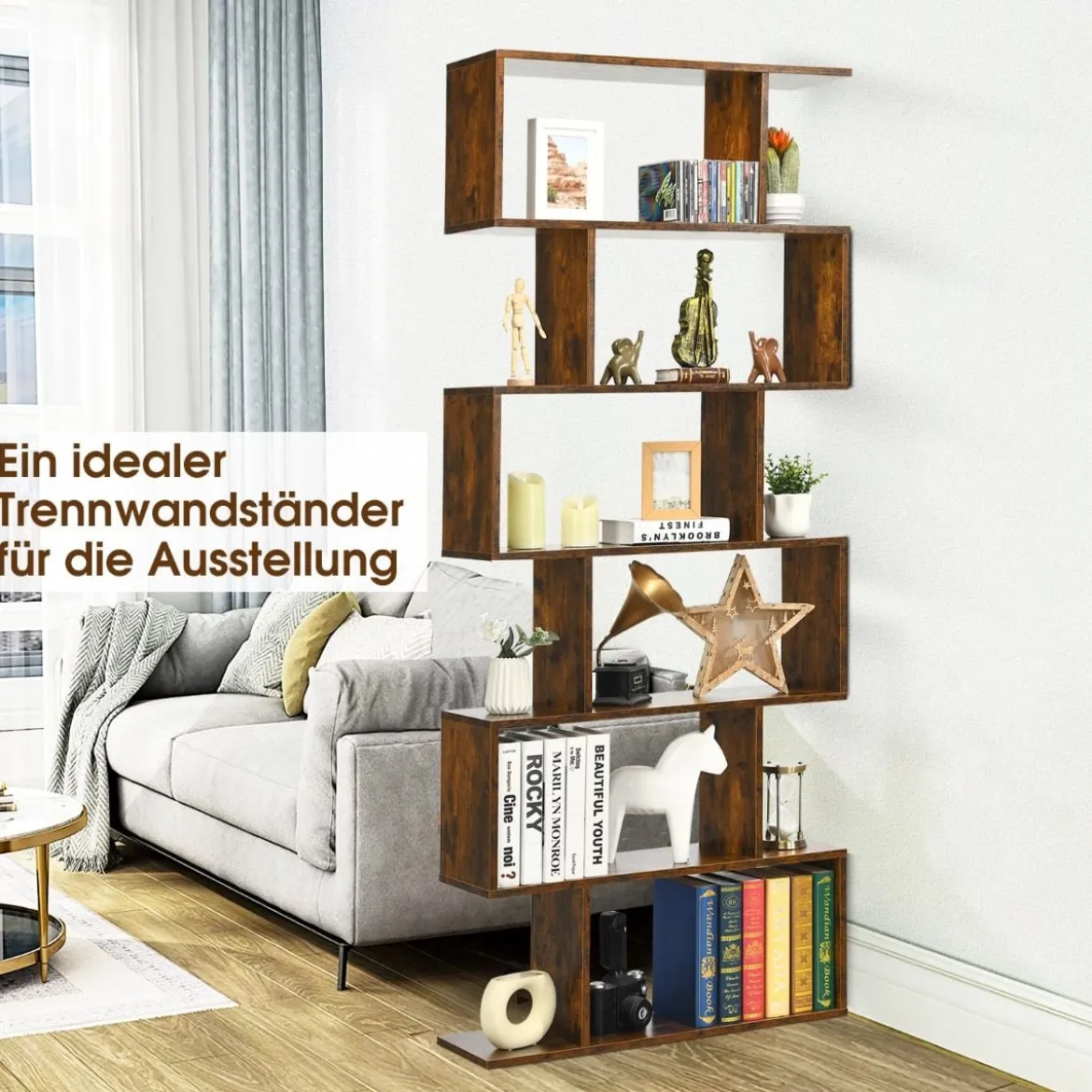 Bücherregal mit 6 Ebenen S-Form Standregal Freistehender Raumteiler Büroregal 80 x 23 x 192 cm