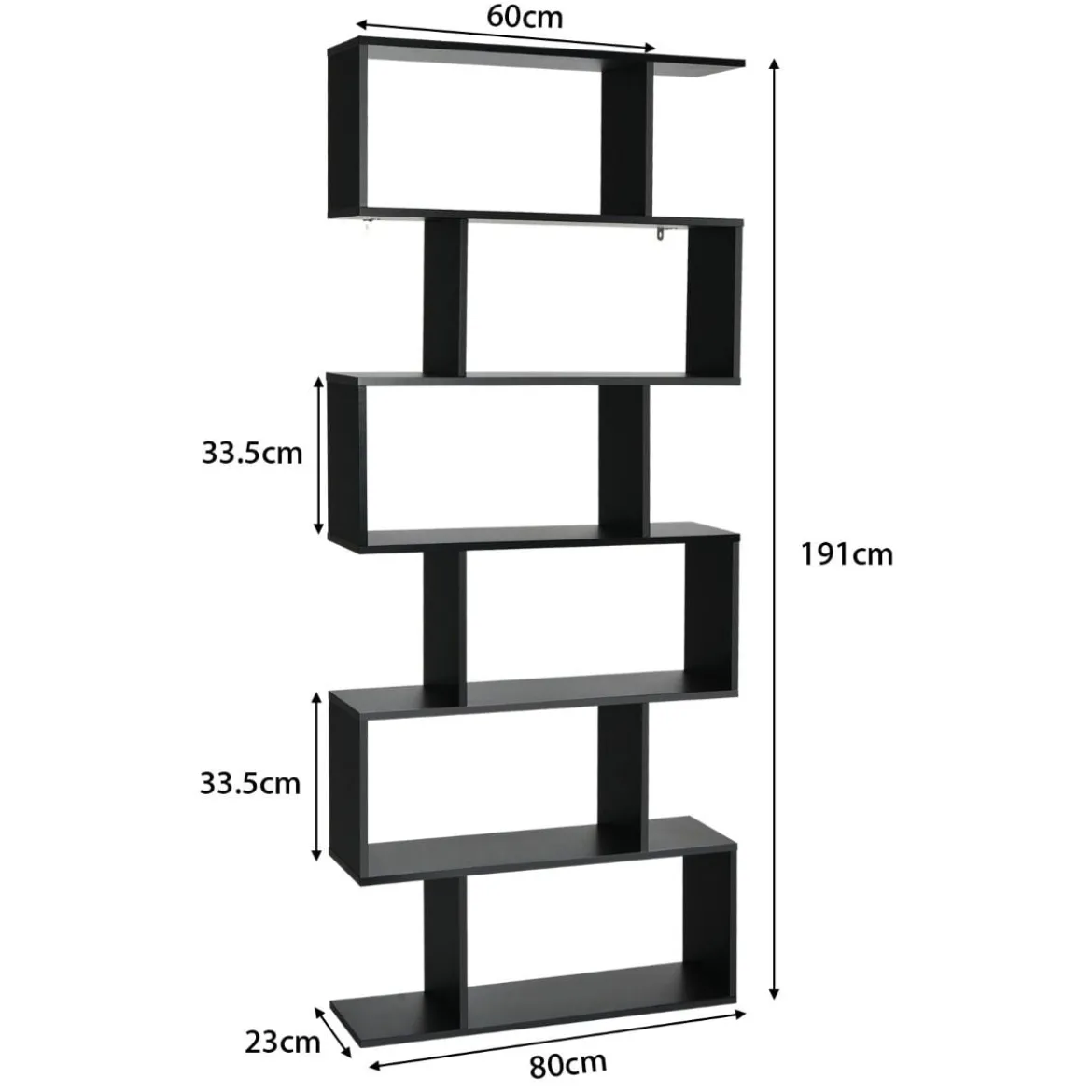Bücherregal mit 6 Ebenen S-Form Standregal Freistehender Raumteiler Büroregal 80 x 23 x 192 cm