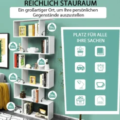 Bücherregal mit 6 Ebenen S-Form Standregal Freistehender Raumteiler Büroregal 80 x 23 x 192 cm
