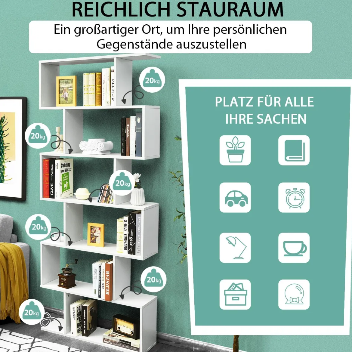 Bücherregal mit 6 Ebenen S-Form Standregal Freistehender Raumteiler Büroregal 80 x 23 x 192 cm