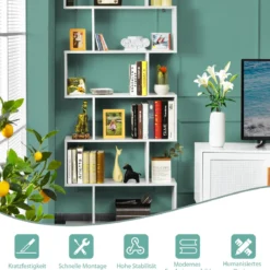 Bücherregal mit 6 Ebenen S-Form Standregal Freistehender Raumteiler Büroregal 80 x 23 x 192 cm
