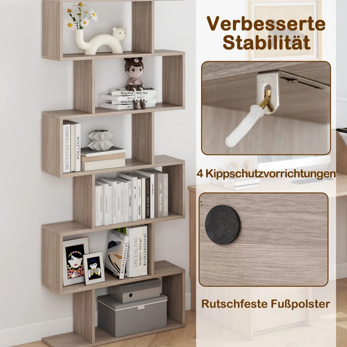 Bücherregal mit 6 Ebenen S-Form Standregal Freistehender Raumteiler Büroregal 80 x 23 x 192 cm