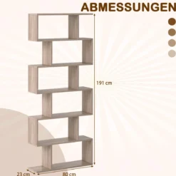 Bücherregal mit 6 Ebenen S-Form Standregal Freistehender Raumteiler Büroregal 80 x 23 x 192 cm