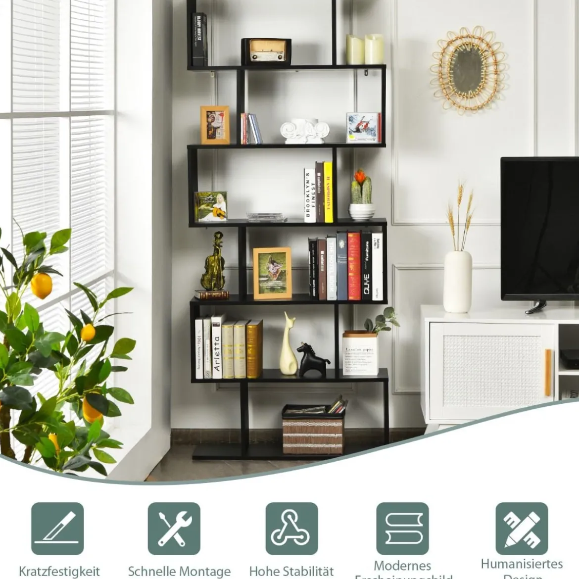 Bücherregal mit 6 Ebenen S-Form Standregal Freistehender Raumteiler Büroregal 80 x 23 x 192 cm