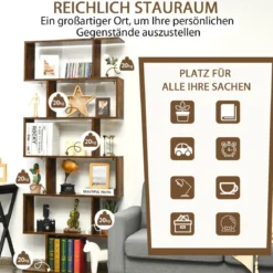 Bücherregal mit 6 Ebenen S-Form Standregal Freistehender Raumteiler Büroregal 80 x 23 x 192 cm